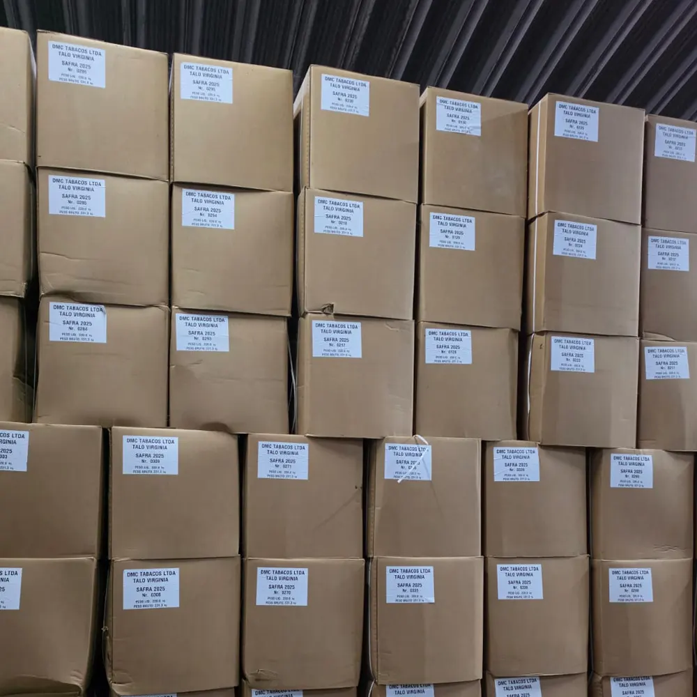 Caixas com etiquetas da DMC Tabacos empilhadas em armazém